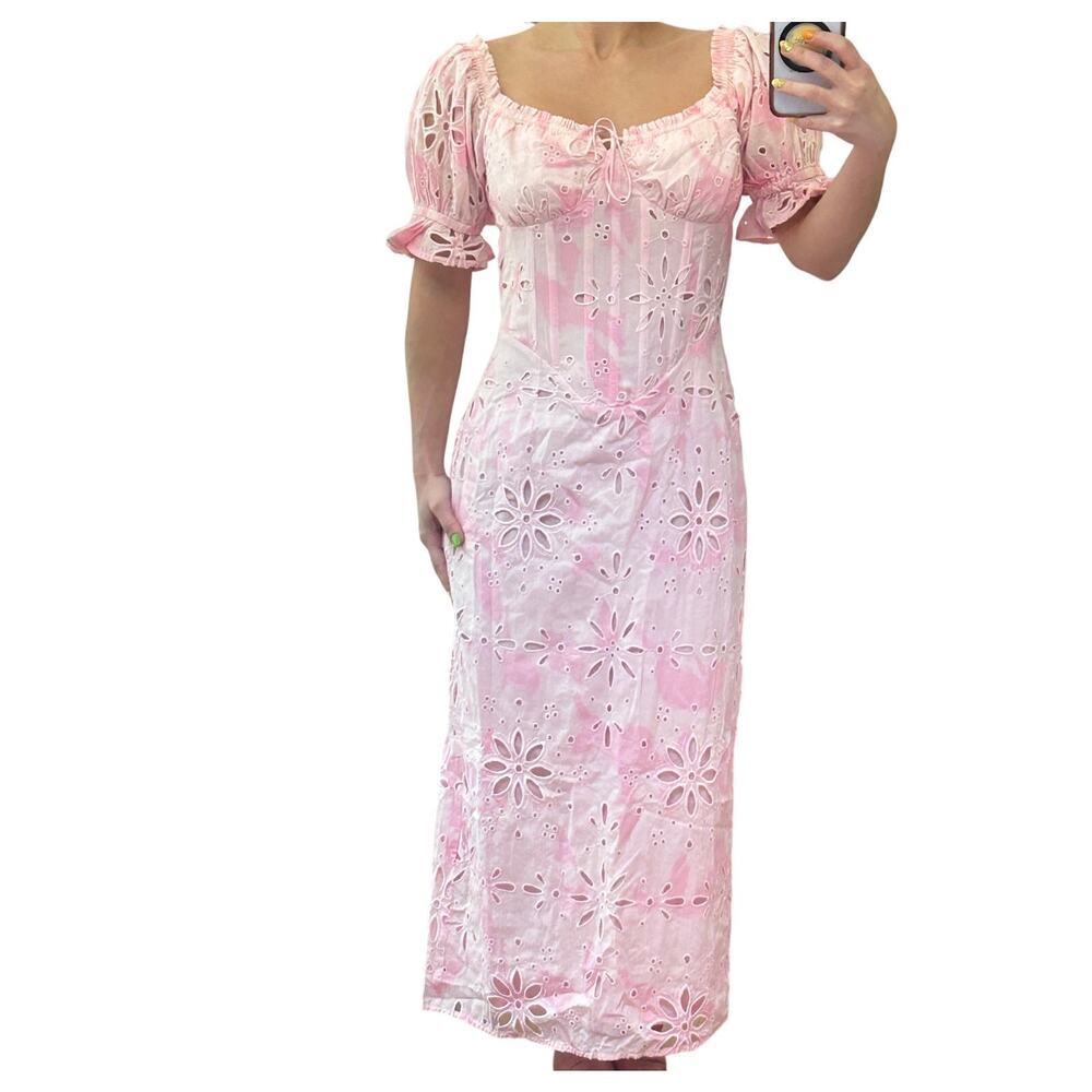 Sabo Luxe Jhene Midi Dress NWT Pink Eyelet Cloud Tie Dye Size 4 - Picture 3 of 9